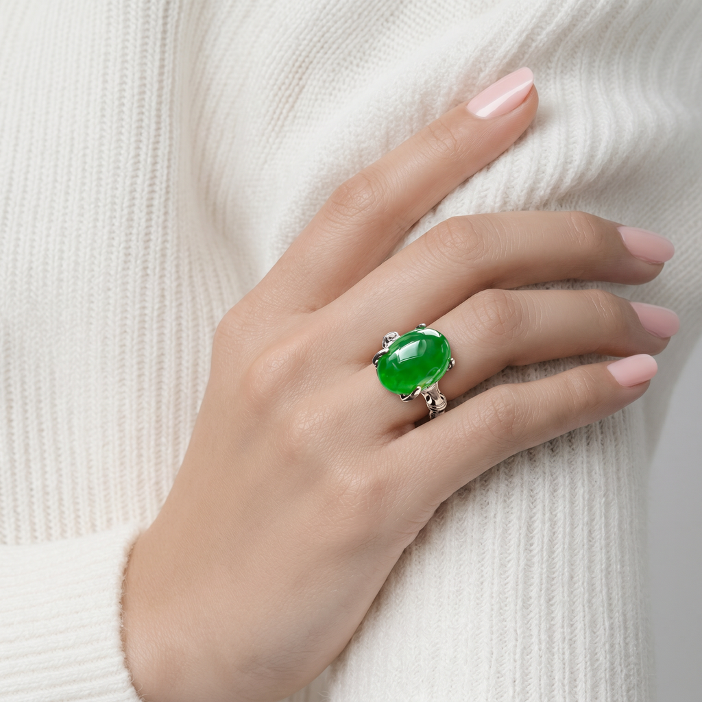 Bague Jade Vert (Qualité 2A) en Cuivre Plaqué Acier 1