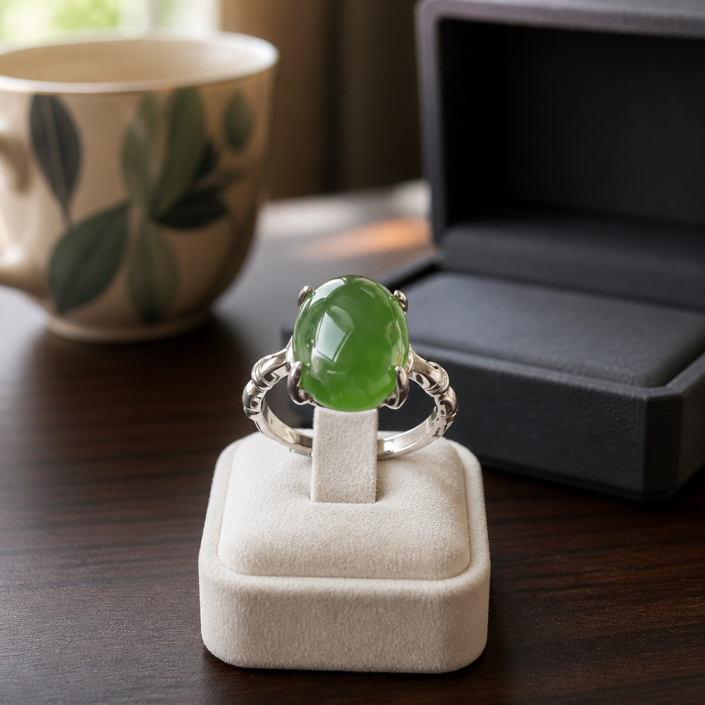 Bague Jade Vert (Qualité 2A) en Cuivre Plaqué Acier 2